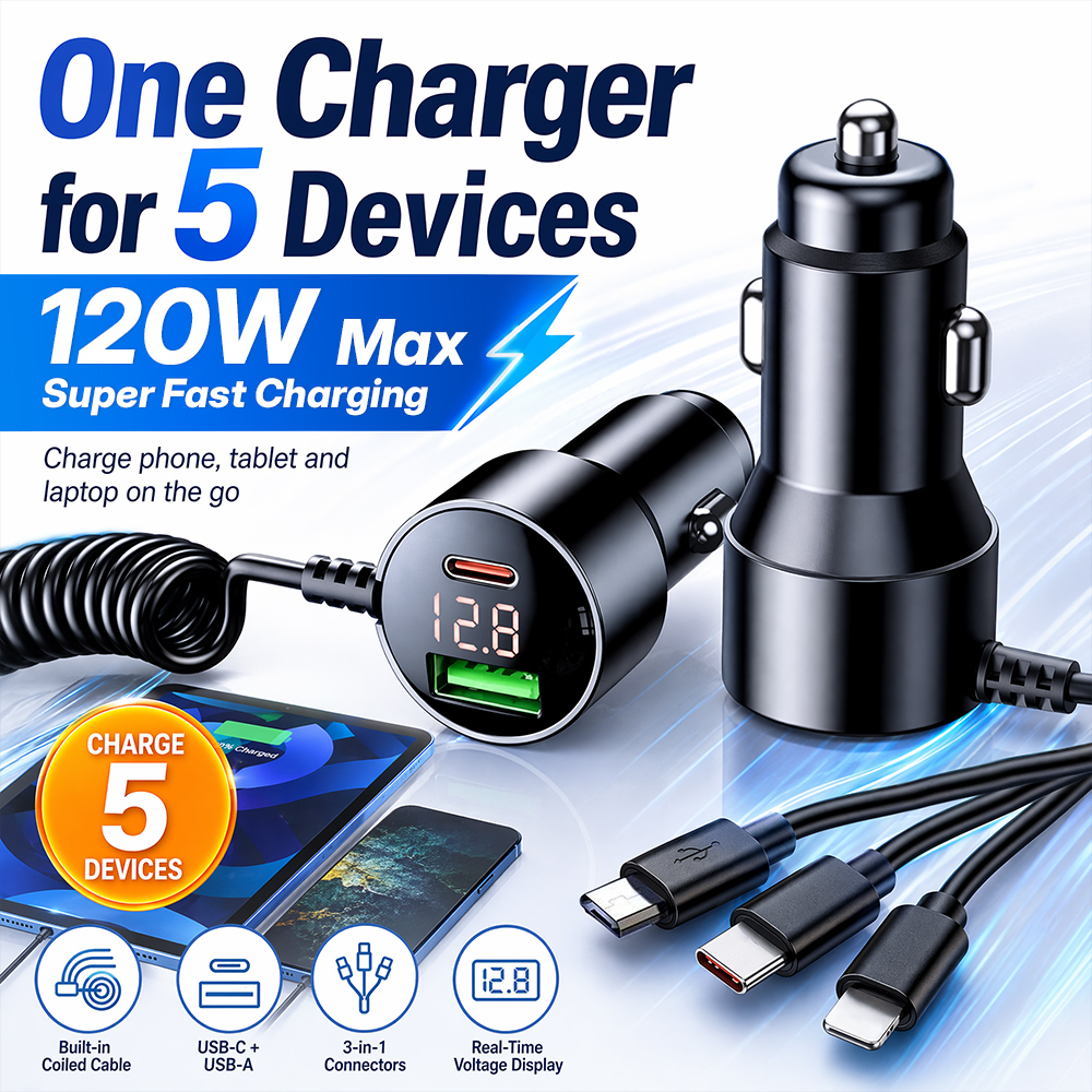 Laptop Accessories Essential - 120W 멀티 포트 차량용 충전기, 내장형